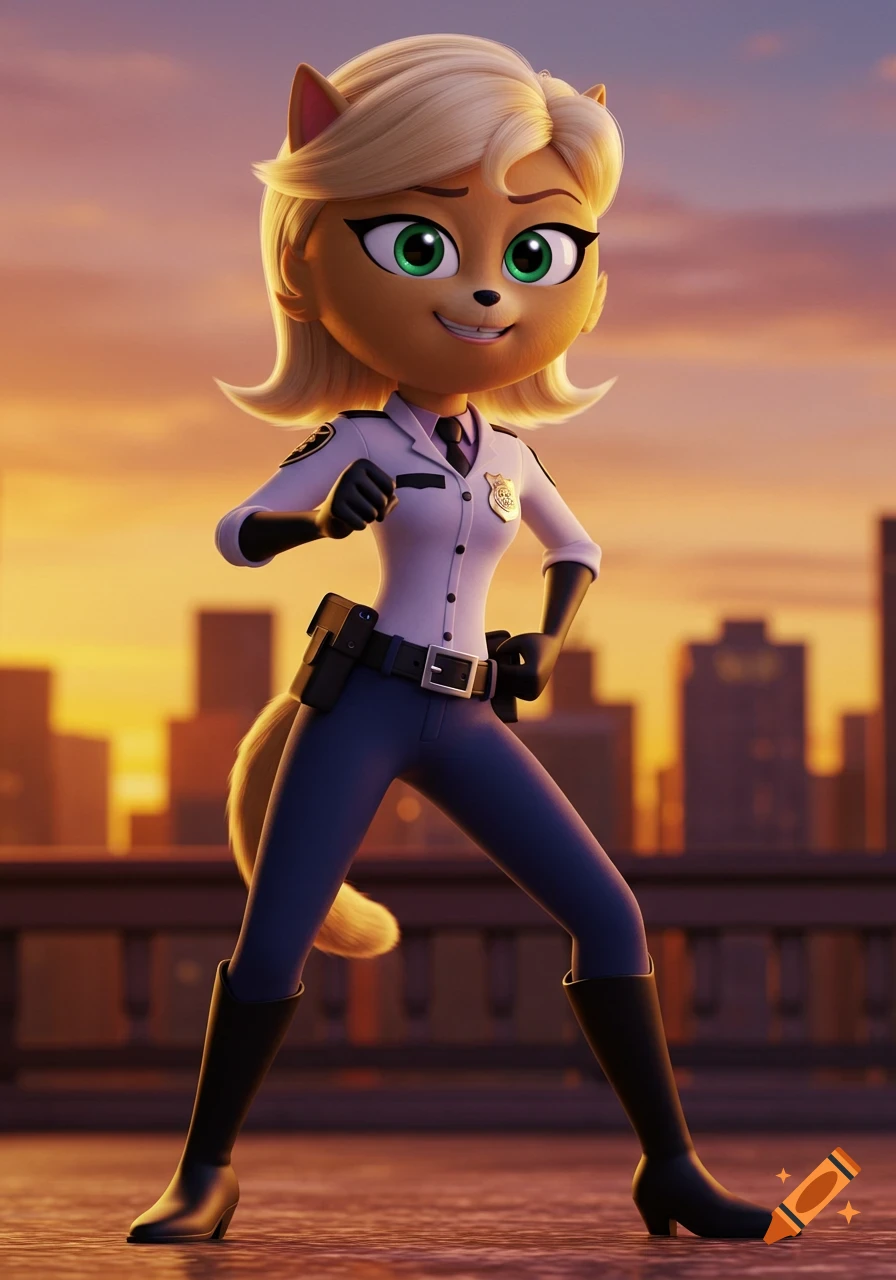 Cartoon anthropomorphic cat police officer in uniform standing against a sunset cityscape.