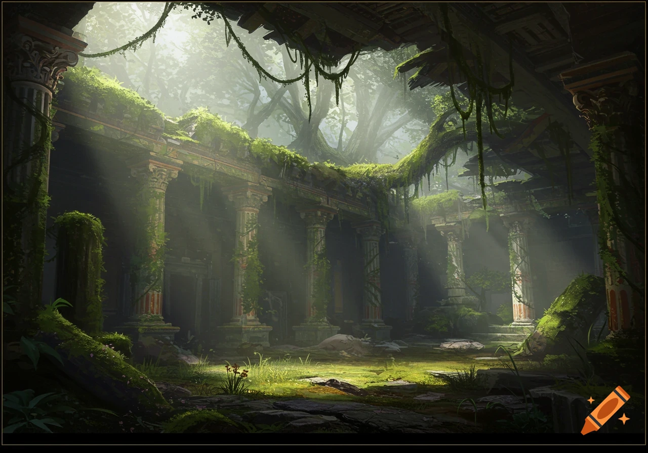 Sunlight filters through mossy ancient ruins overgrown with forest