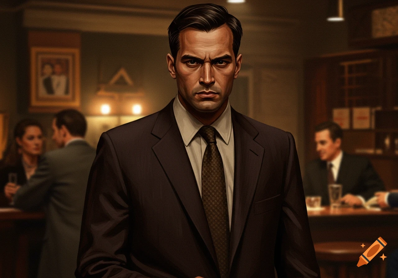 Stern-faced man in a suit in a dimly lit room with blurred figures ...