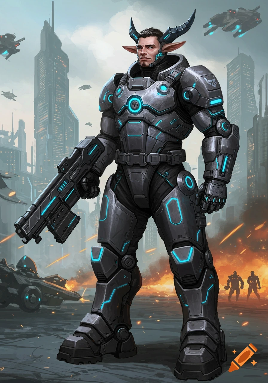 A centaur-like soldier in futuristic power armor holds a rifle in a city street with spaceships flying overhead.