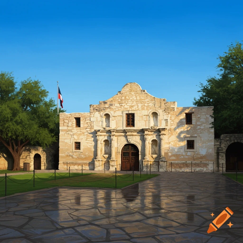 The Alamo mission and courtyard under a blue sky
