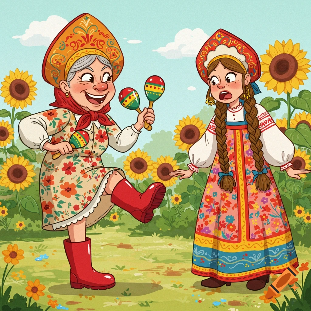 Cartoon illustration of two people in traditional Russian clothing among sunflowers, one dancing with maracas.