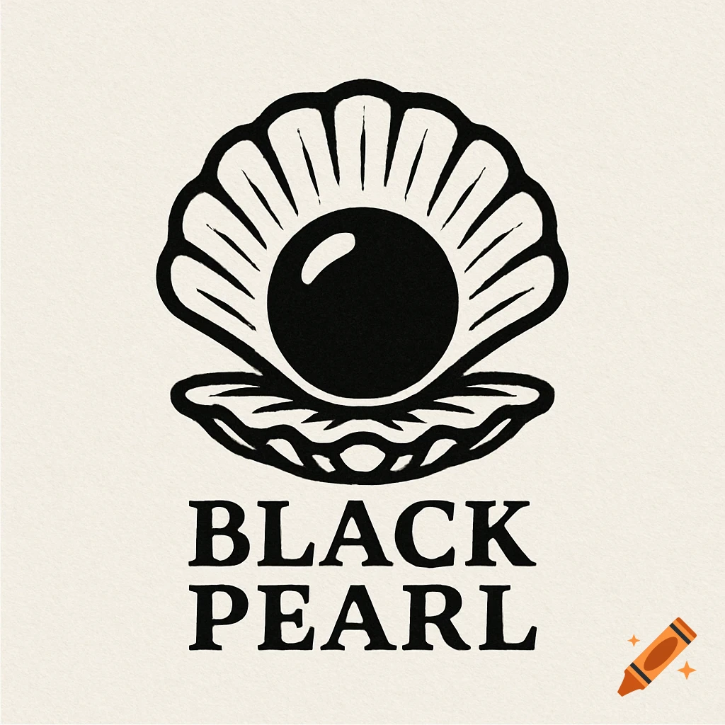 Black and white logo of a black pearl in a shell with the text 'BLACK PEARL' below