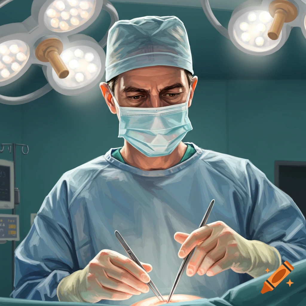Surgeon in scrubs, mask, and cap performs surgery with instruments under surgical lights.