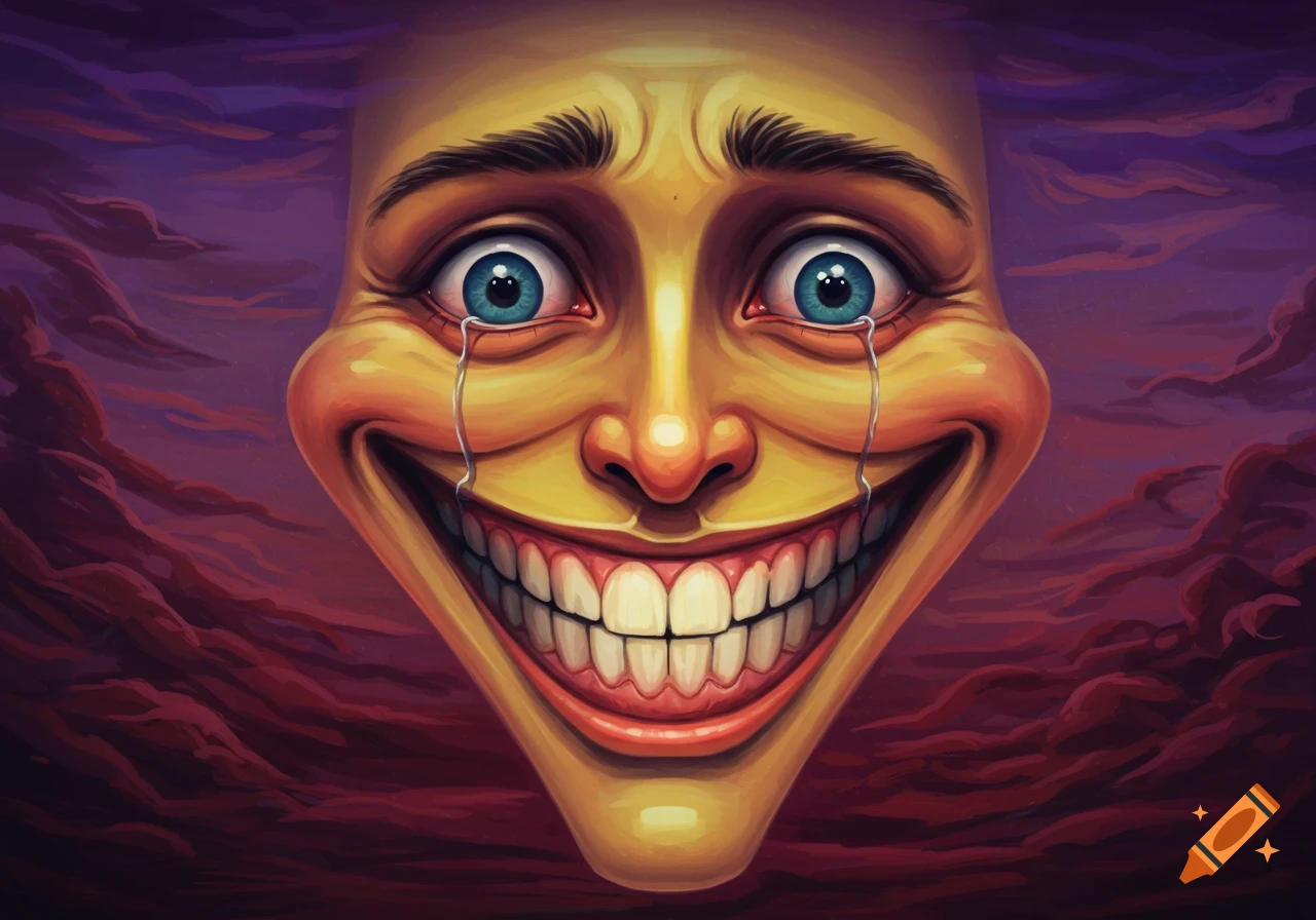 Close-up of a yellow face with a wide grin and sad, crying eyes against a stormy sky, digital painting.
