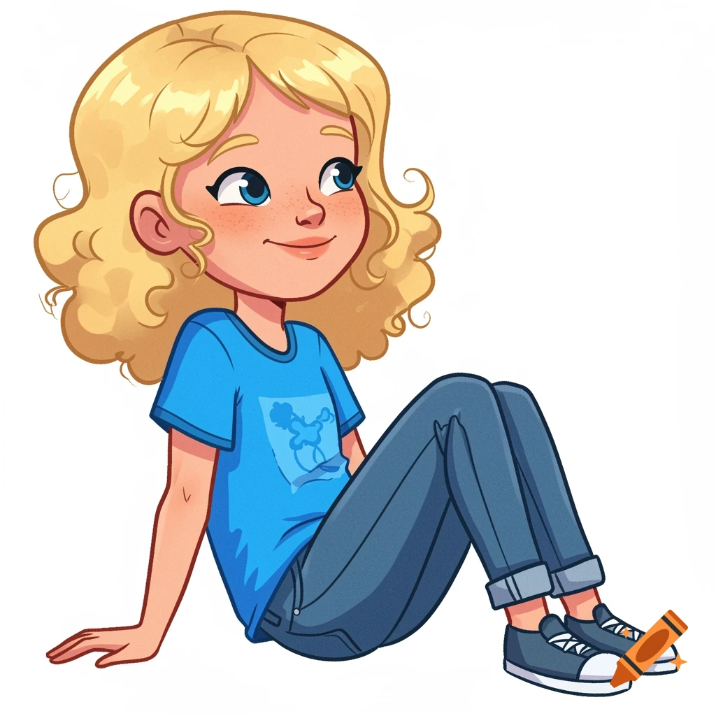 Cartoon illustration of a sitting blond girl in jeans and blue shirt.