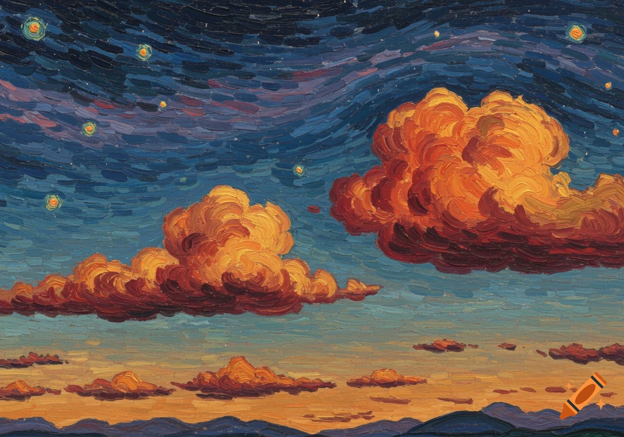 Painting of an autumn sky in Van Gogh's style with swirling blue sky, stormy orange clouds, and bright stars.
