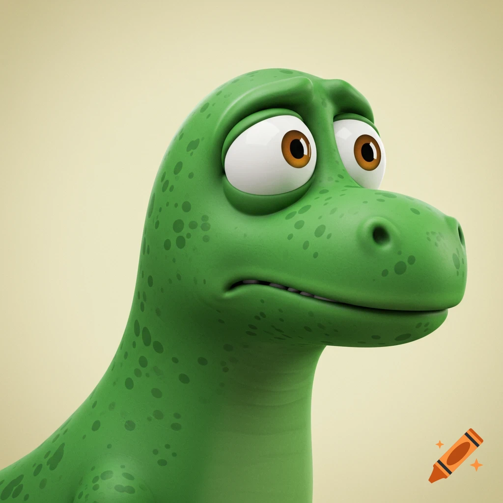 A green cartoon dinosaur with a worried expression.