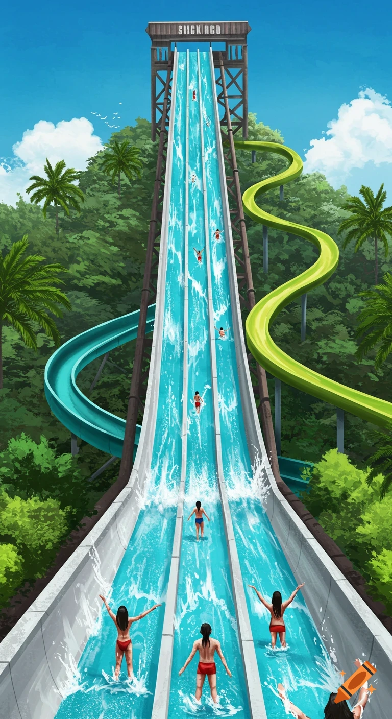 Illustration of a tall water park slide with people going down it.