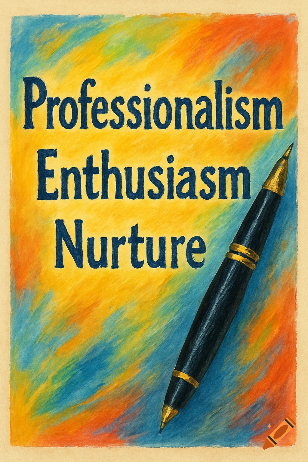 A poster with the words Professionalism, Enthusiasm, Nurture, next to a pen, in a painted style.
