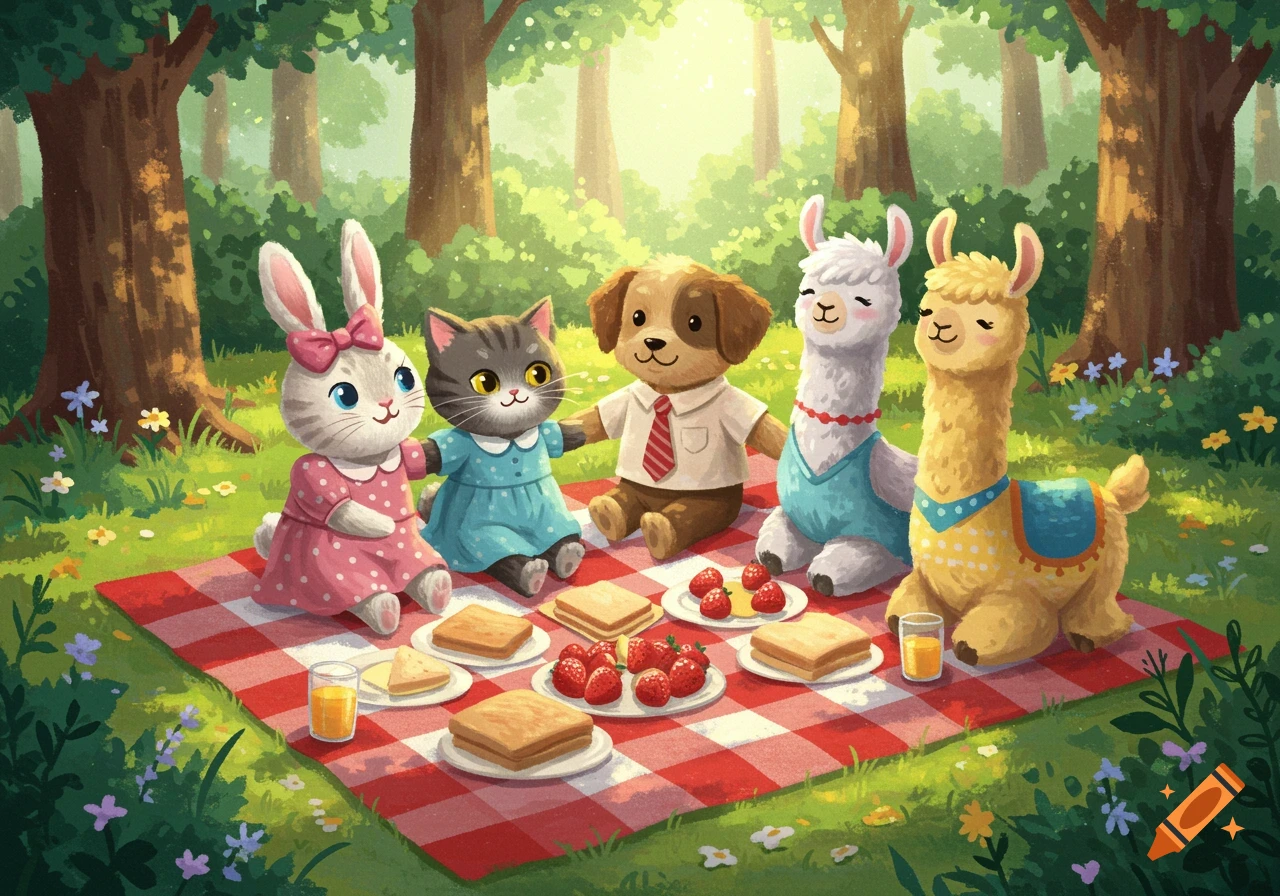 Cute illustration of a bunny, cat, dog, and two llamas having a picnic in a sunny forest clearing.