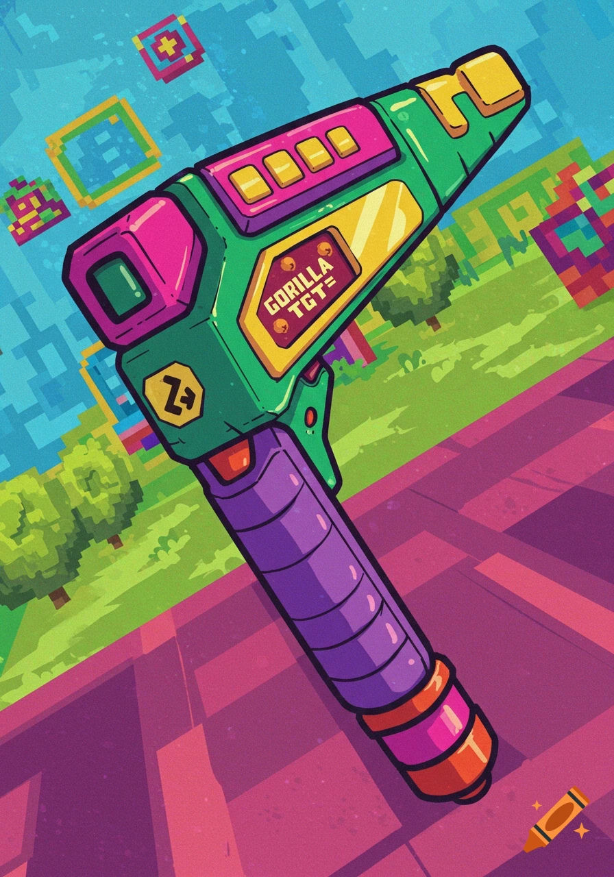 Colorful stylized sci-fi gun with pixelated retro game background