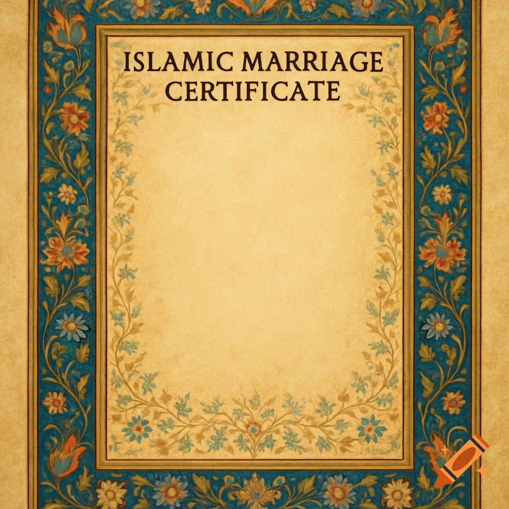 Ornate border for Islamic marriage certificate with floral patterns in blue, orange, and gold.