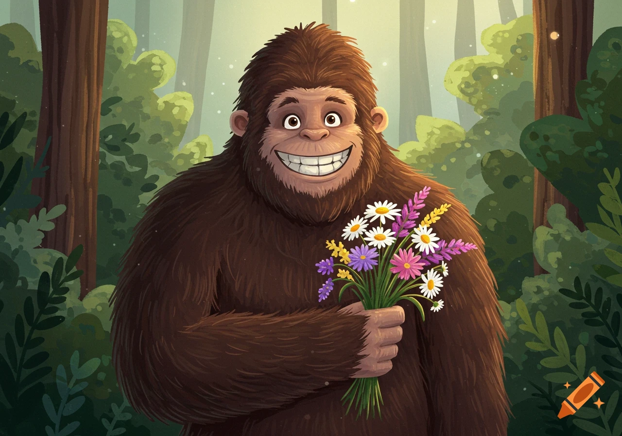 A smiling cartoon Bigfoot holds a bouquet of colorful flowers in a forest.