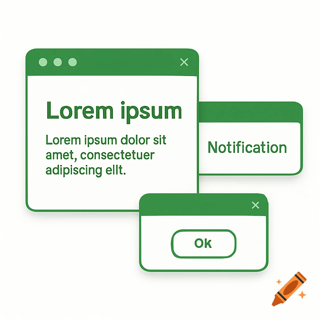 Green and white user interface pop-up windows with text like 'Lorem ipsum', 'Notification', and 'Ok'.