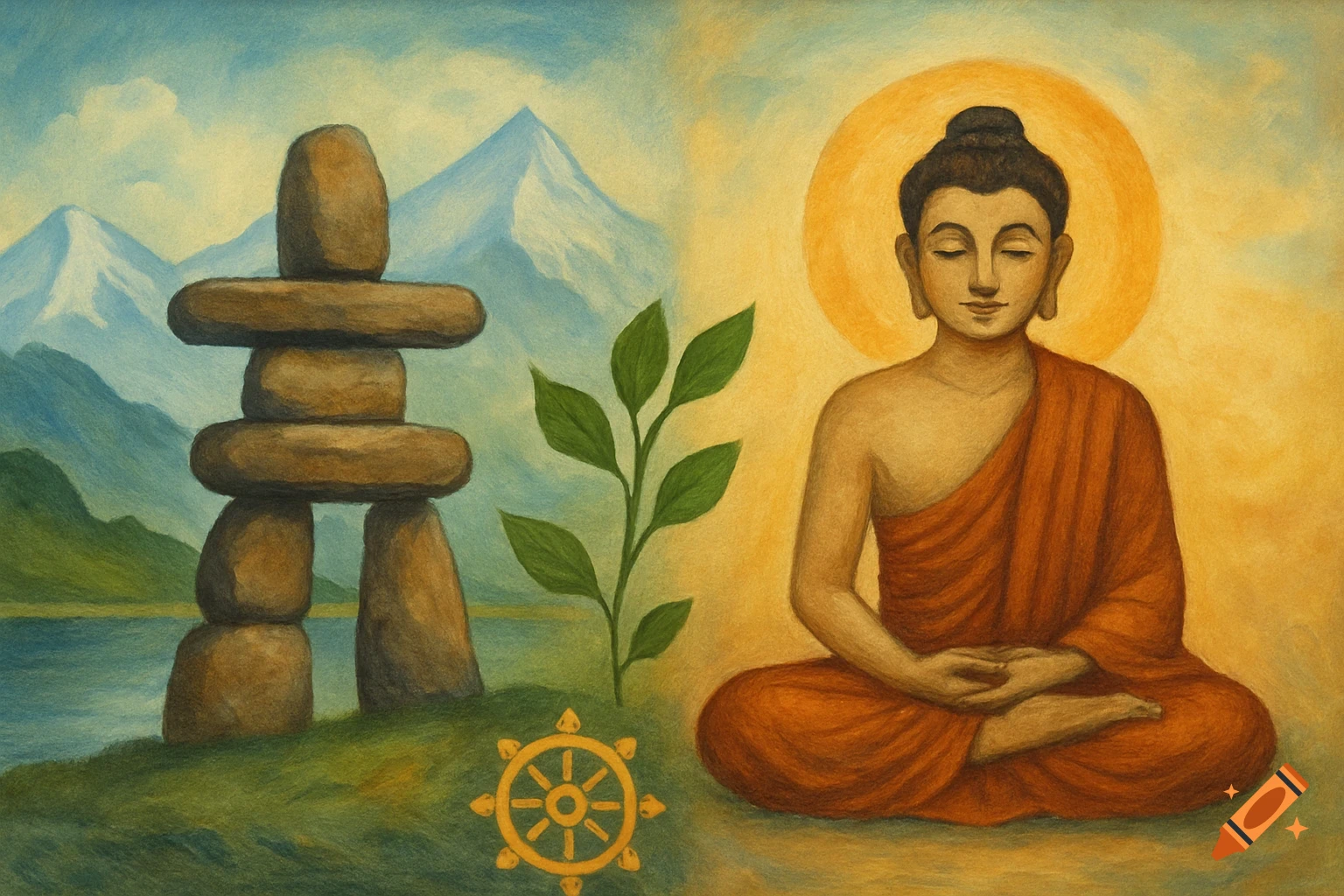 An Inukshuk and a meditating Buddha are depicted side-by-side in a painted landscape with symbols.