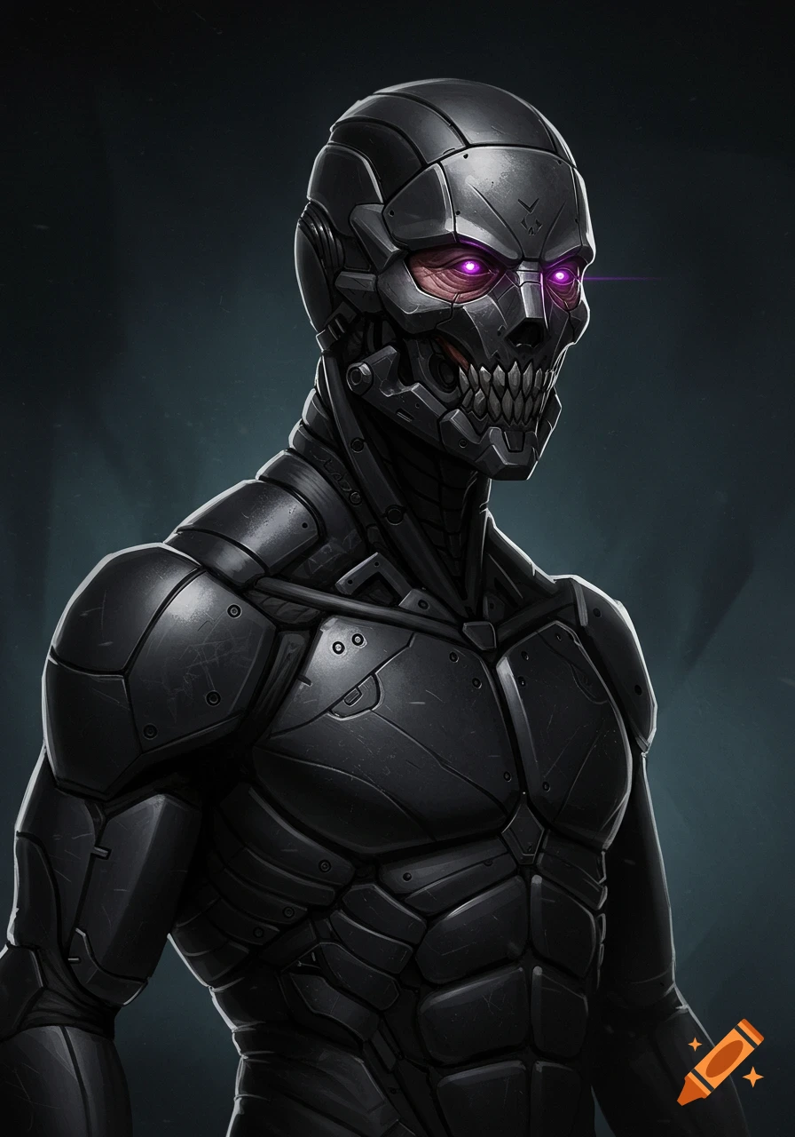 A dark armored cyborg character with a skull-like face and glowing purple eyes.