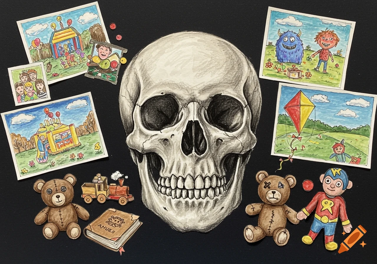 Hand-drawn skull surrounded by cutouts of childlike drawings and toys on a black background.