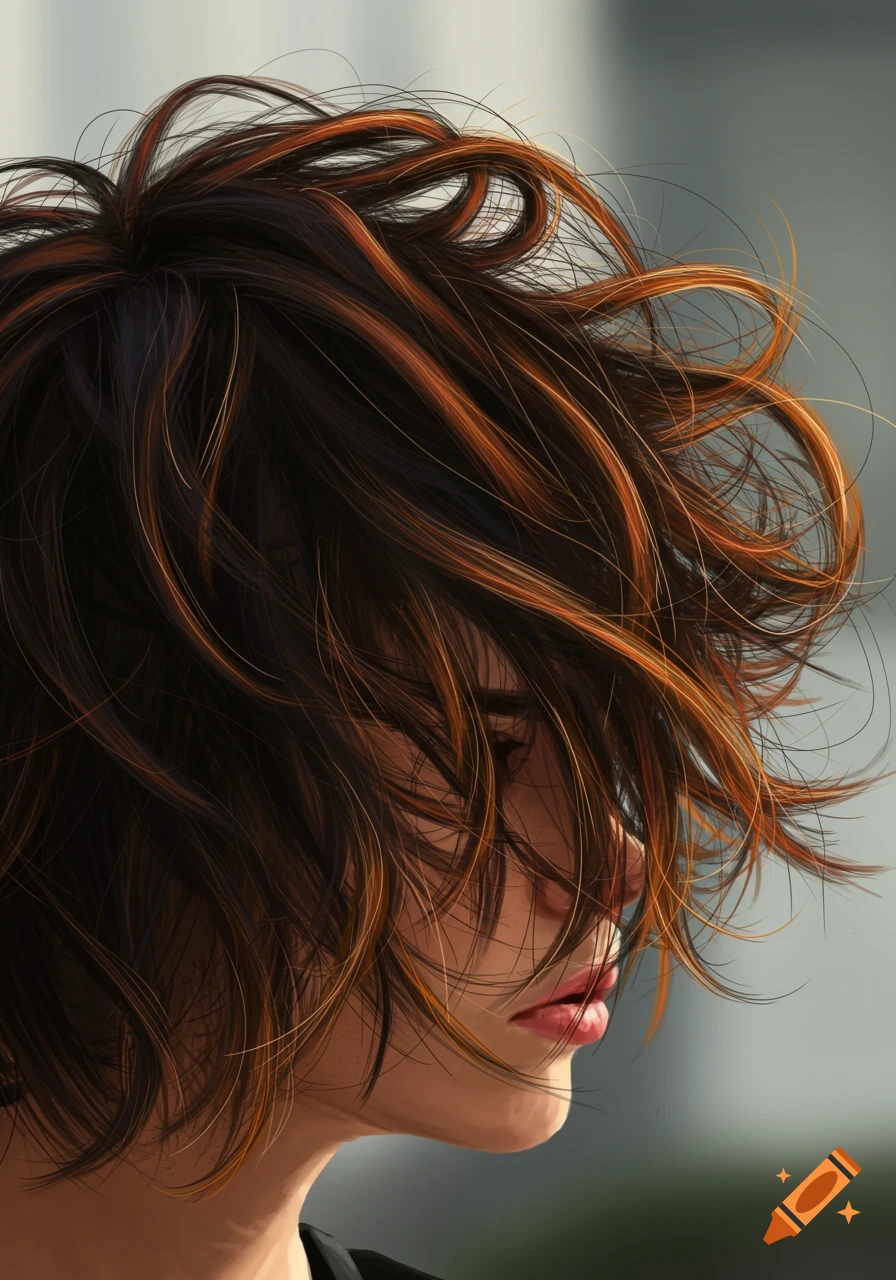 Digital painting of a person's profile with messy, short hair obscuring the face.