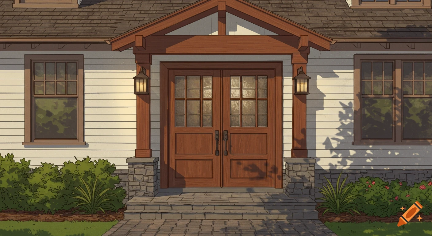 Craftsman style house entrance with a wide double door, steps, and landscaping.