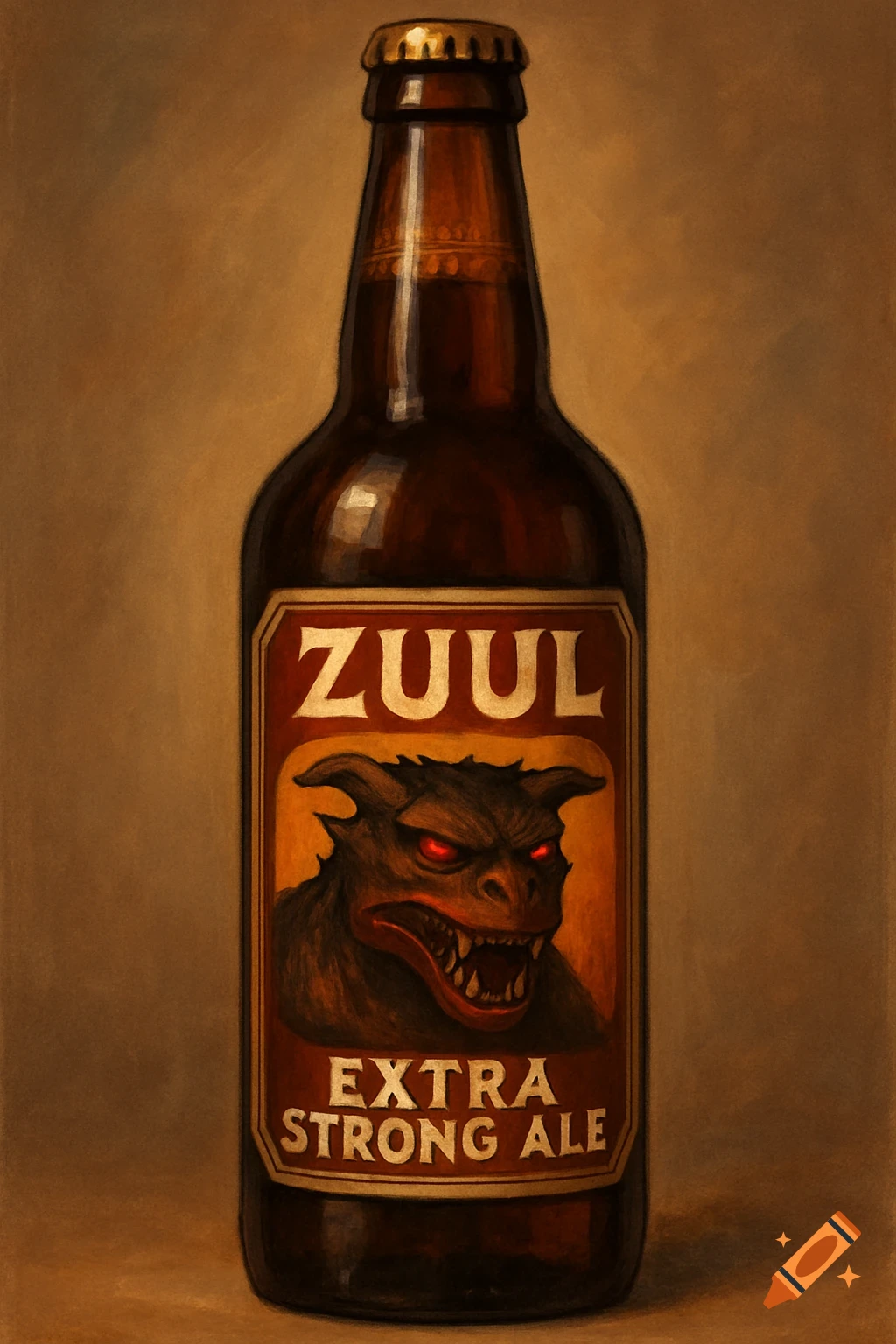 Illustration of a beer bottle with a label showing a monster and the text 'ZUUL Extra Strong Ale'.