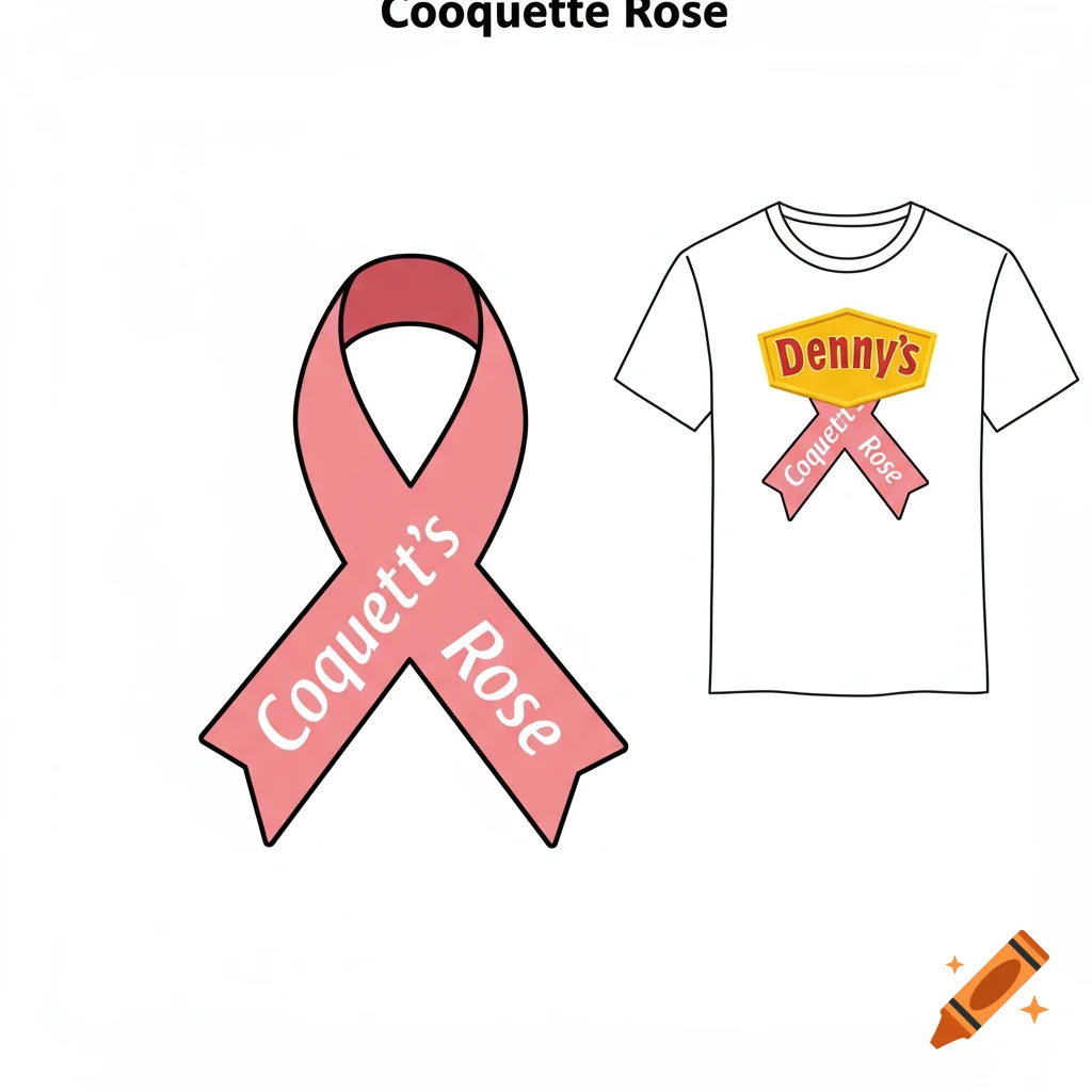 Vector drawing of a pink ribbon and a white t-shirt with a Denny's logo and pink ribbon.