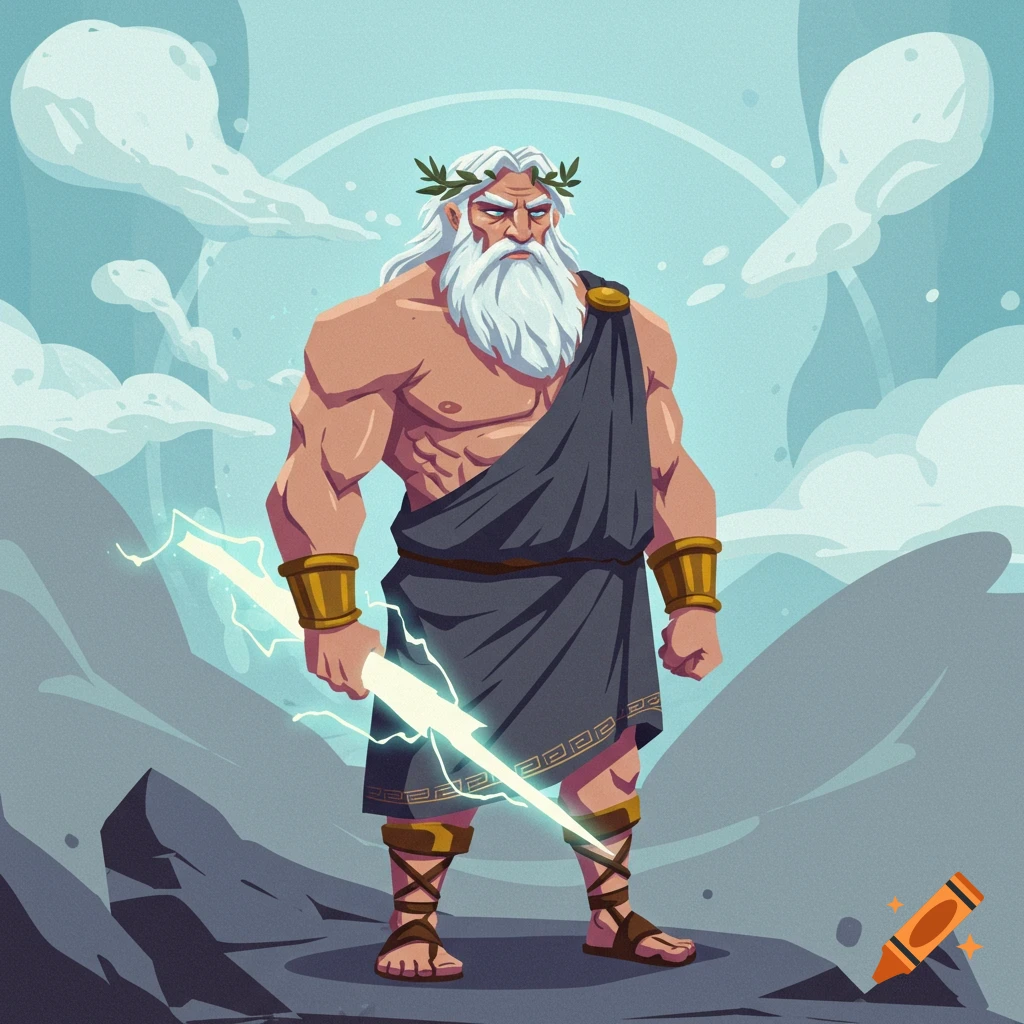 Illustration of the Greek god Zeus holding a lightning bolt on rocks with clouds in the background.