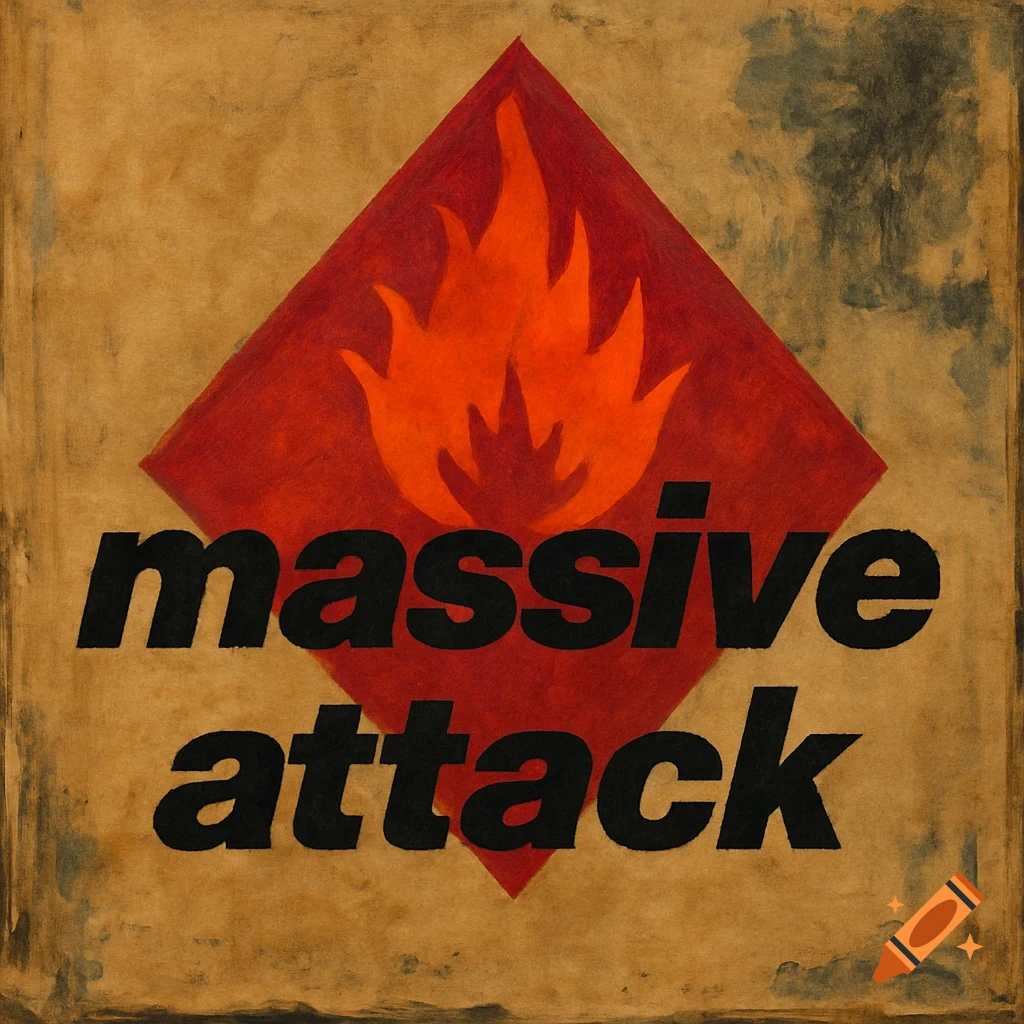 Massive Attack album cover design with flame symbol on a red diamond background