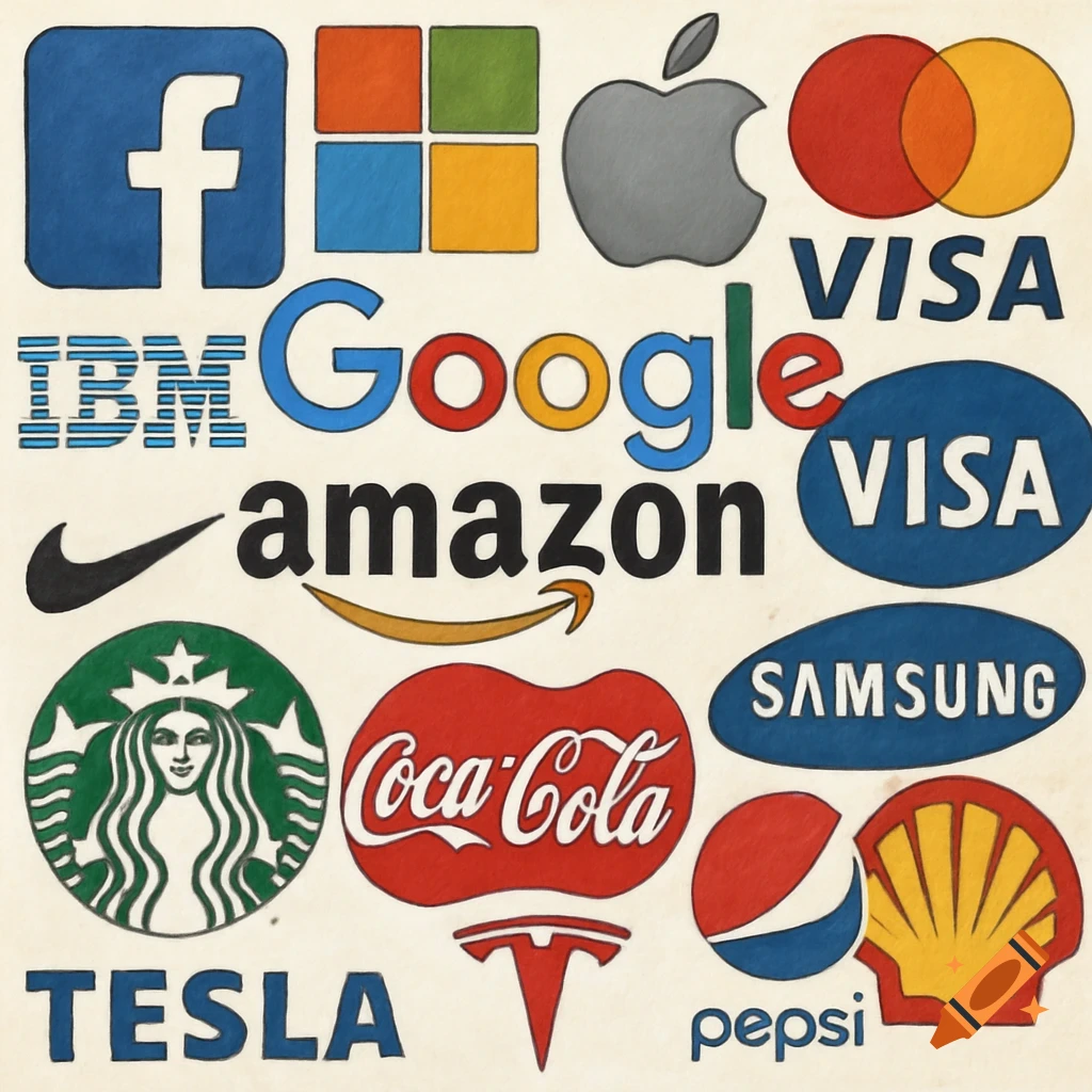 A collage of hand-drawn famous brand logos including Facebook, Microsoft, Apple, Visa, Google, Amazon, IBM, Nike, Starbucks, Coca-Cola, Samsung, Tesla, Pepsi, and Shell.