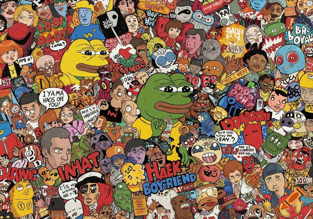 Crowded collage of cartoon faces and characters including Pepe the Frog in a pop art sticker bomb style.