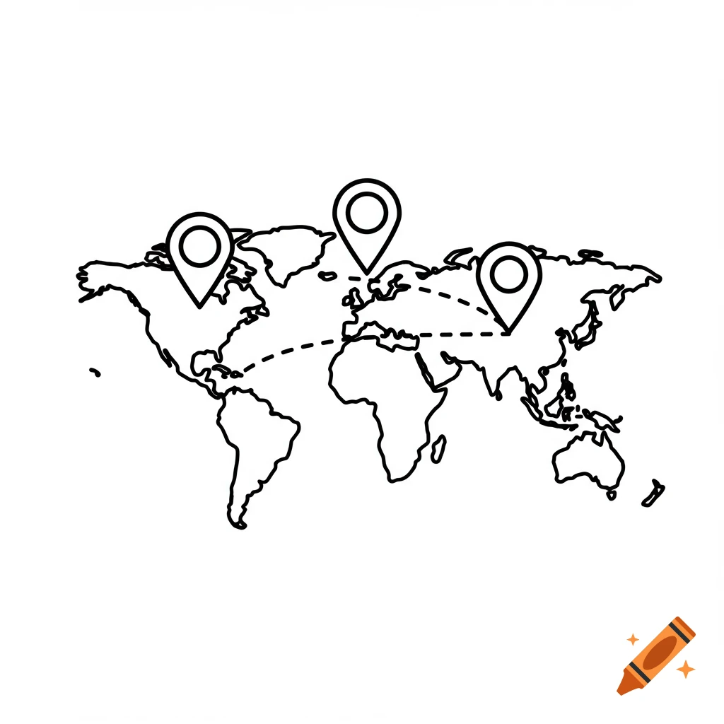 Black line illustration of a world map with three location markers connected by dashed lines.