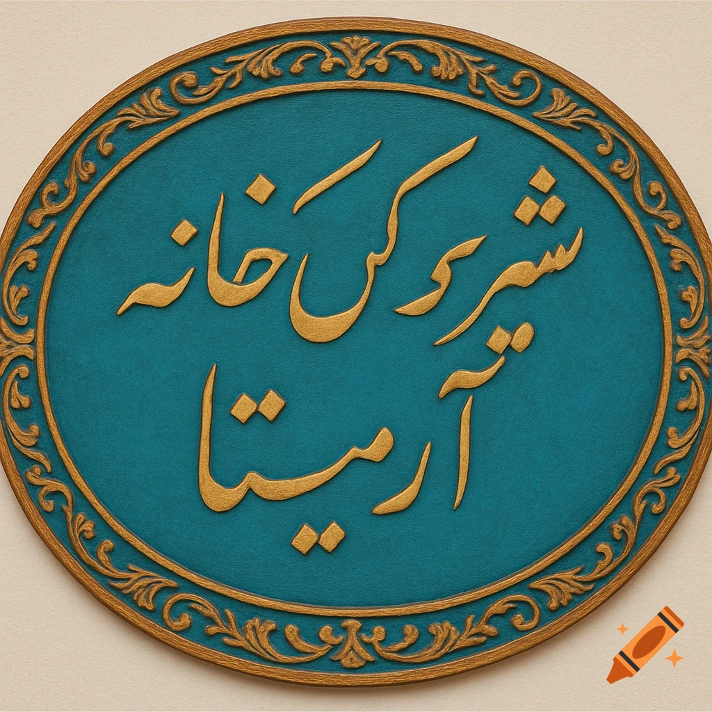 Oval teal plaque with gold Persian calligraphy and ornate gold trim.