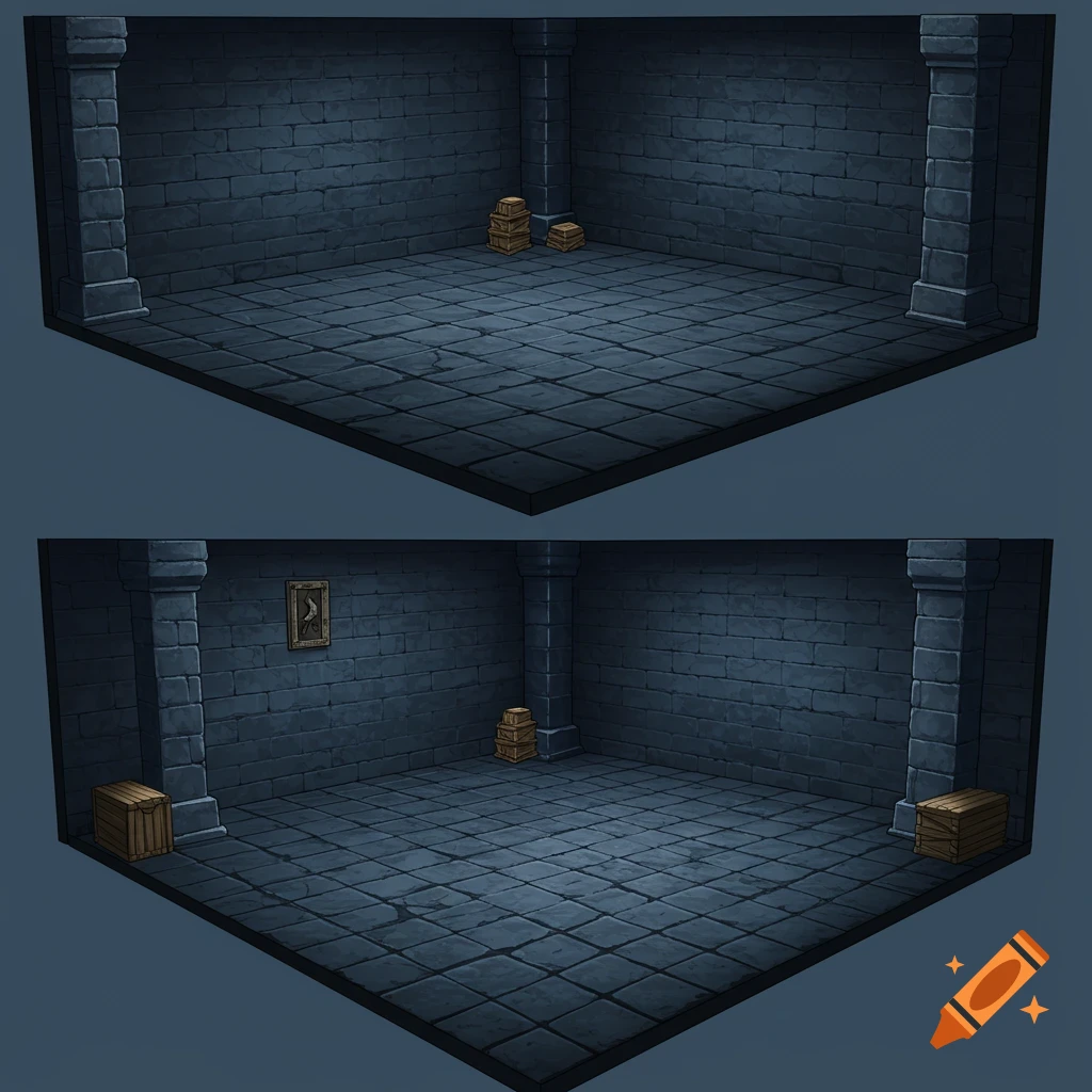 Anime style isometric stone dungeon room with crates and a picture on the wall.