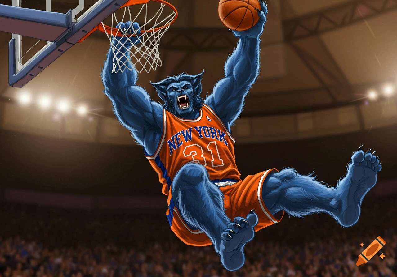 The Beast from X-Men dunks a basketball while wearing a New York Knicks jersey.