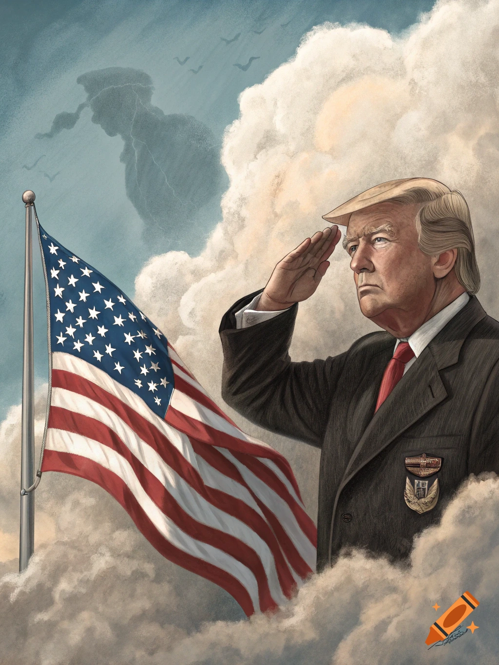 Illustration of Donald Trump saluting the American flag with a shadowy figure in the clouds.