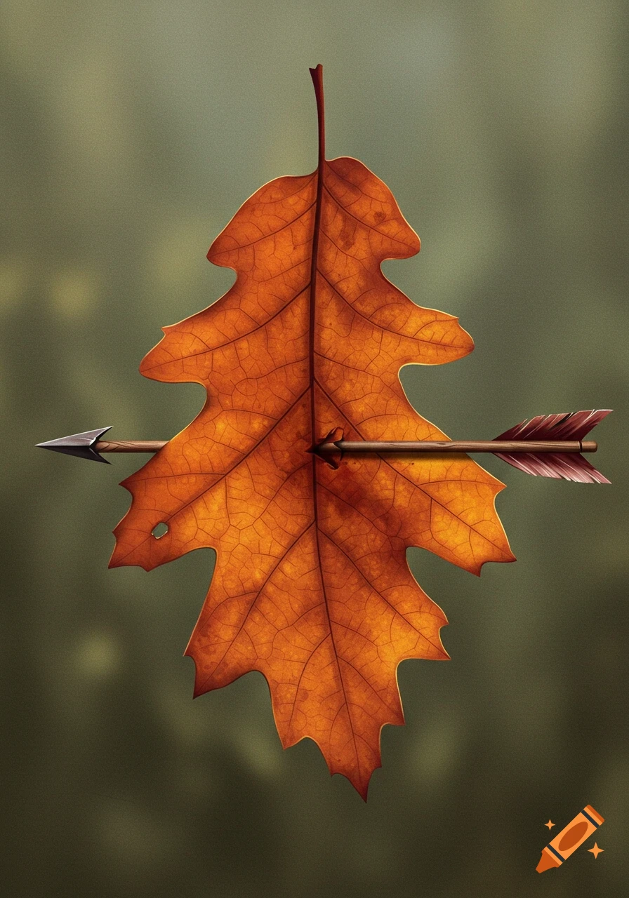 An orange oak leaf pierced by an arrow.