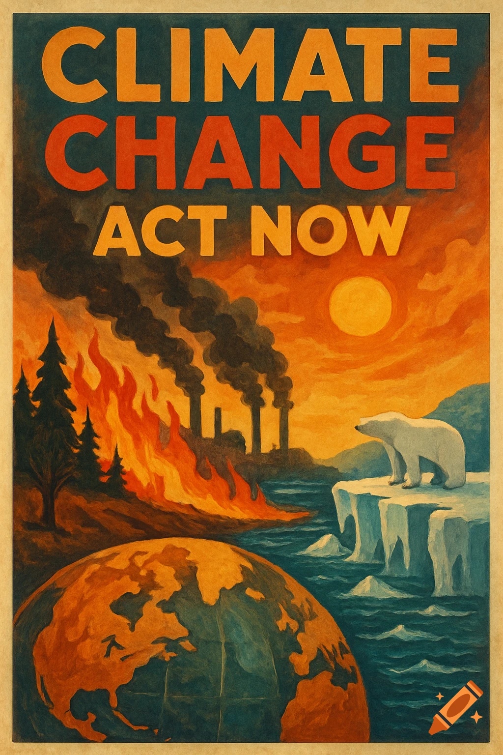 Climate Change Act Now poster illustration with fire, pollution, melting ice, and polar bear.