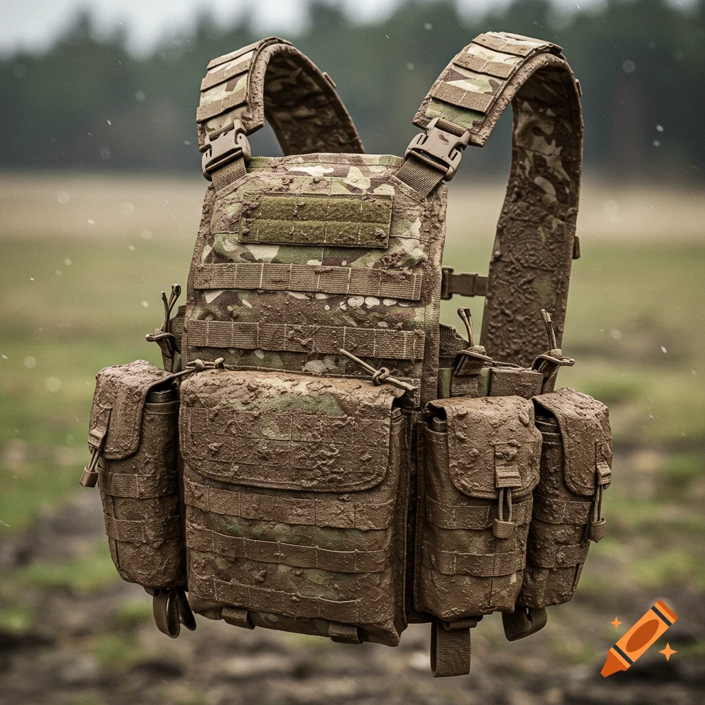 Muddy tactical vest in an outdoor setting