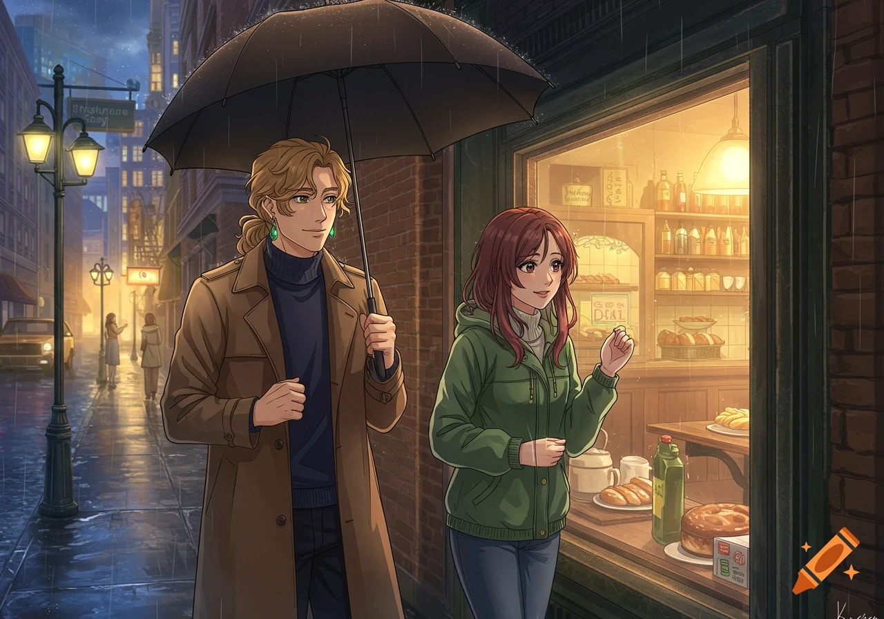 Two people under an umbrella walk past a warm bakery window on a rainy city street in anime style.