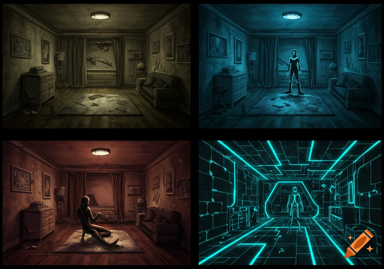 Four panel illustration showing a creepy room with figures and a futuristic neon grid room.