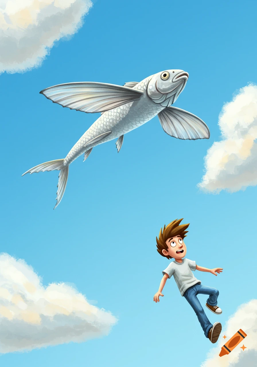 A cartoon boy looks up in surprise at a flying fish in a blue sky with clouds.