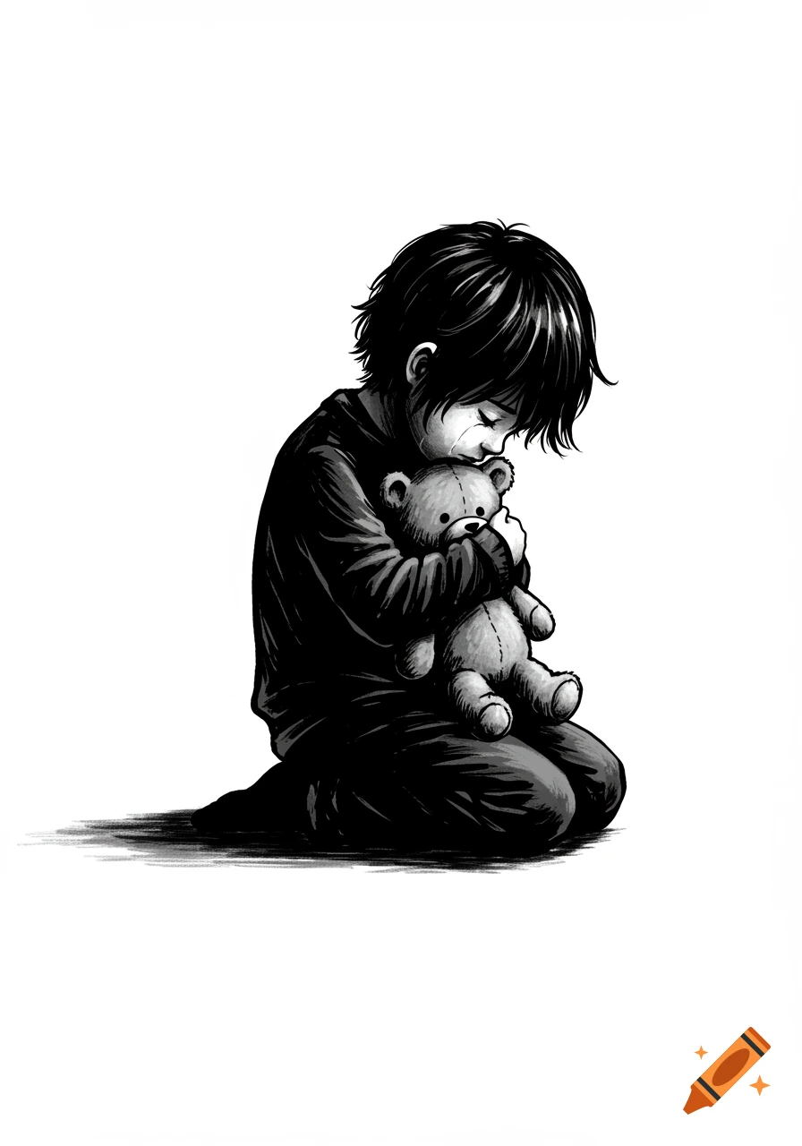 Black and white illustration of a child kneeling and hugging a teddy bear.