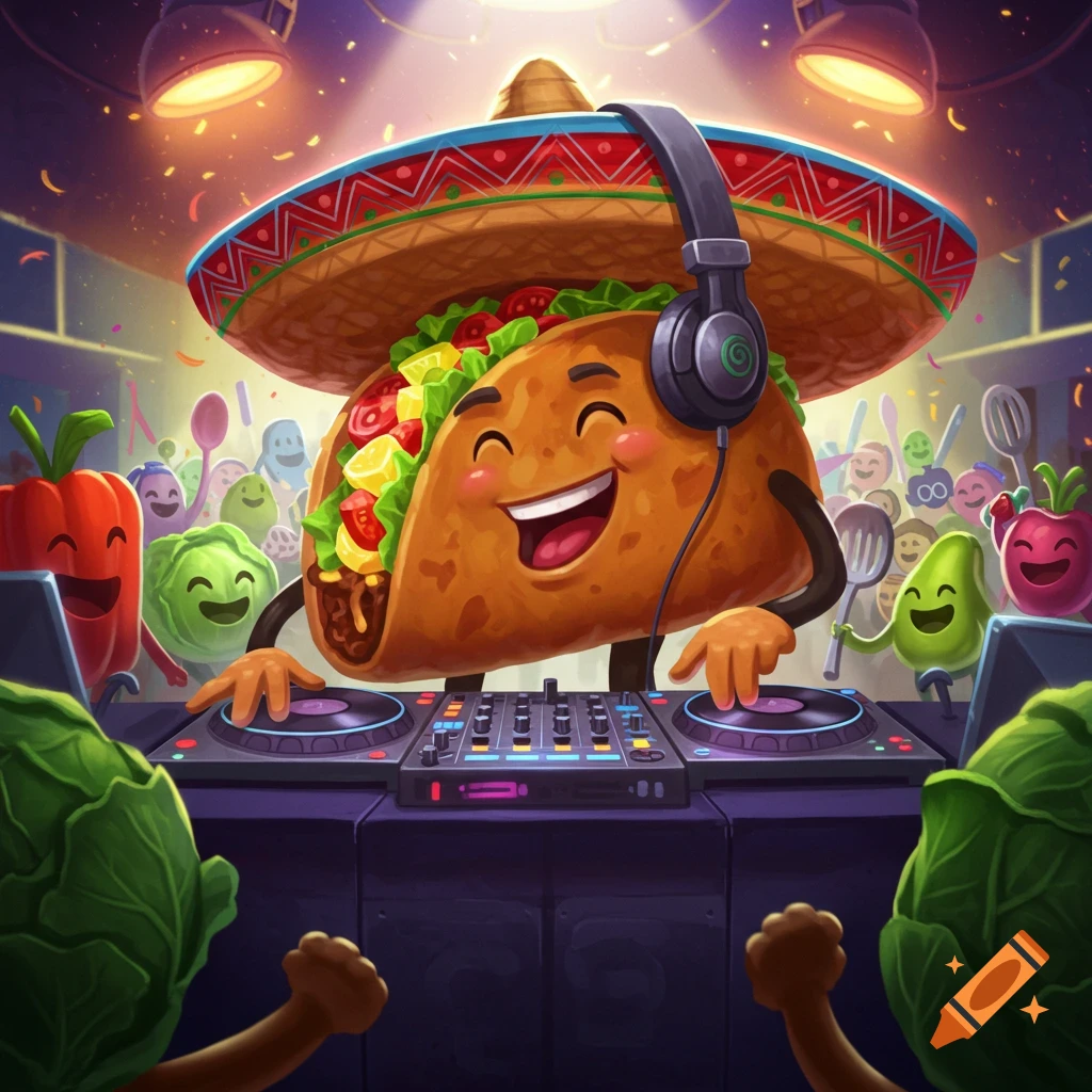 Cartoon taco DJing with vegetables at a party, wearing a sombrero and headphones.