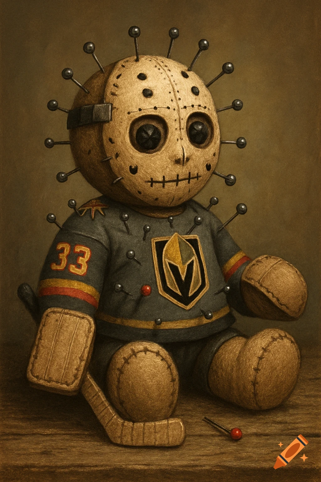 A creepy studded doll wearing a hockey goalie mask and jersey with number 33 sits with a stick and puck.
