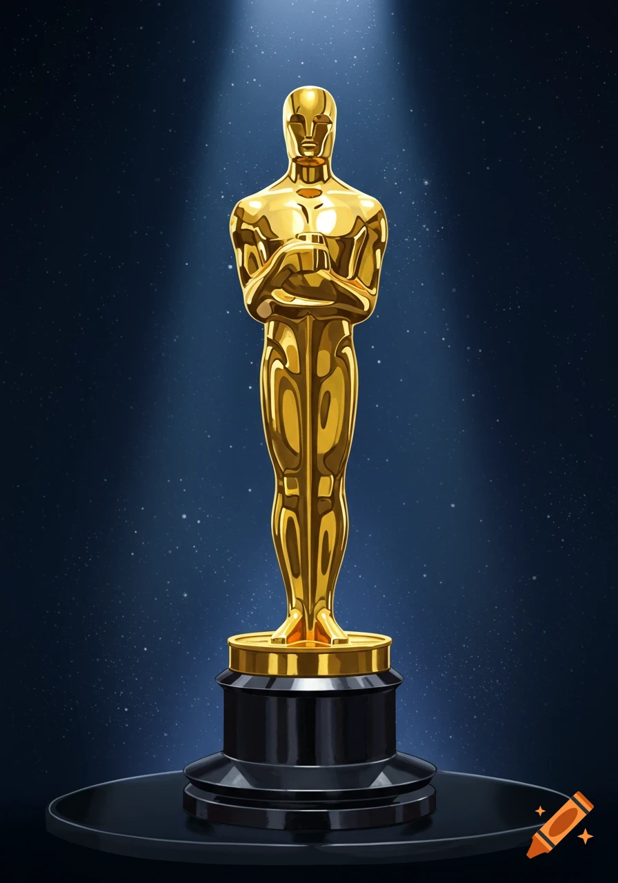 Golden award statue on a dark, starry background with spotlights