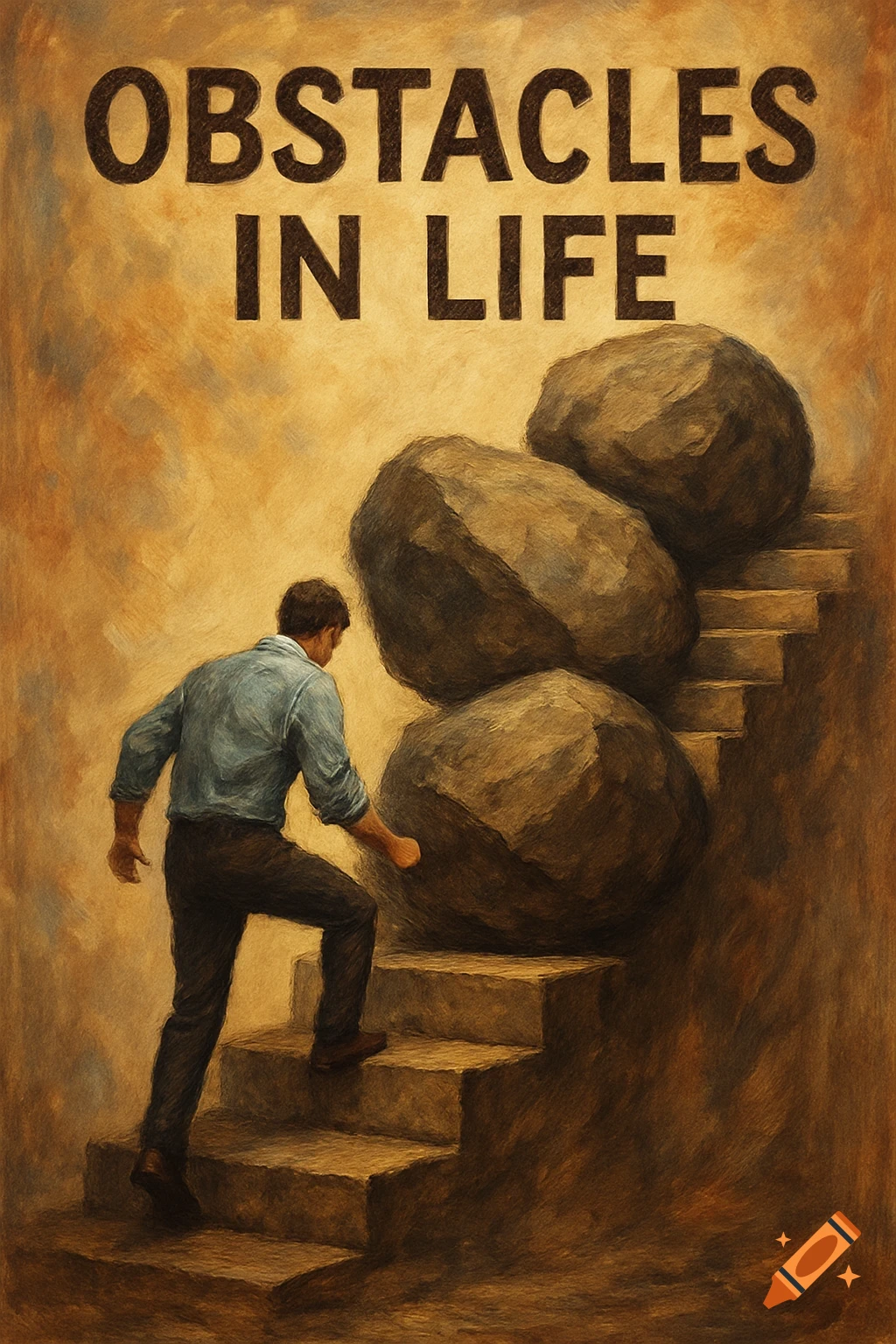 Painting of a man climbing stairs blocked by large rocks, with the text 'OBSTACLES IN LIFE'