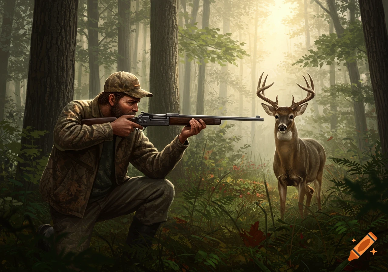 Illustration of a hunter aiming a rifle at a deer in a sunlit forest