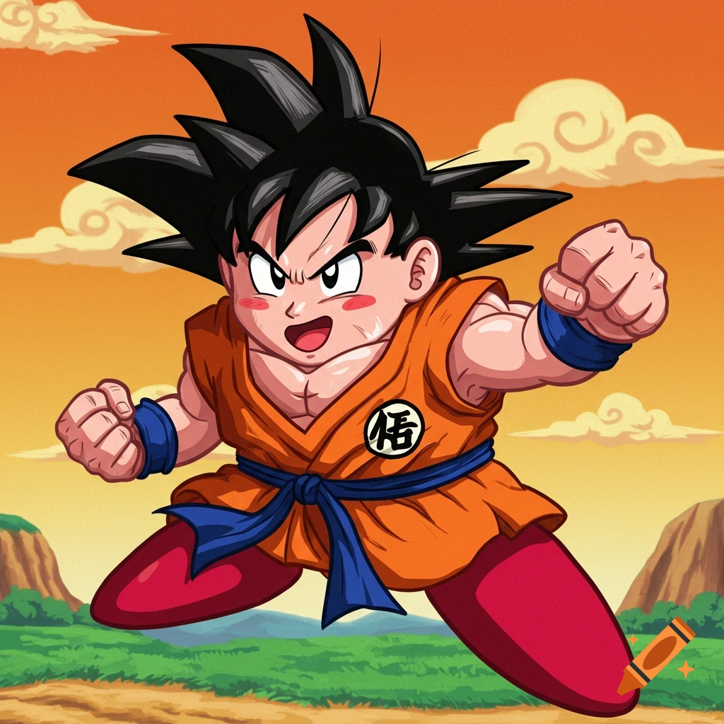 Child Goku in orange gi and blue belt leaps forward in an anime style against a sky and landscape background.