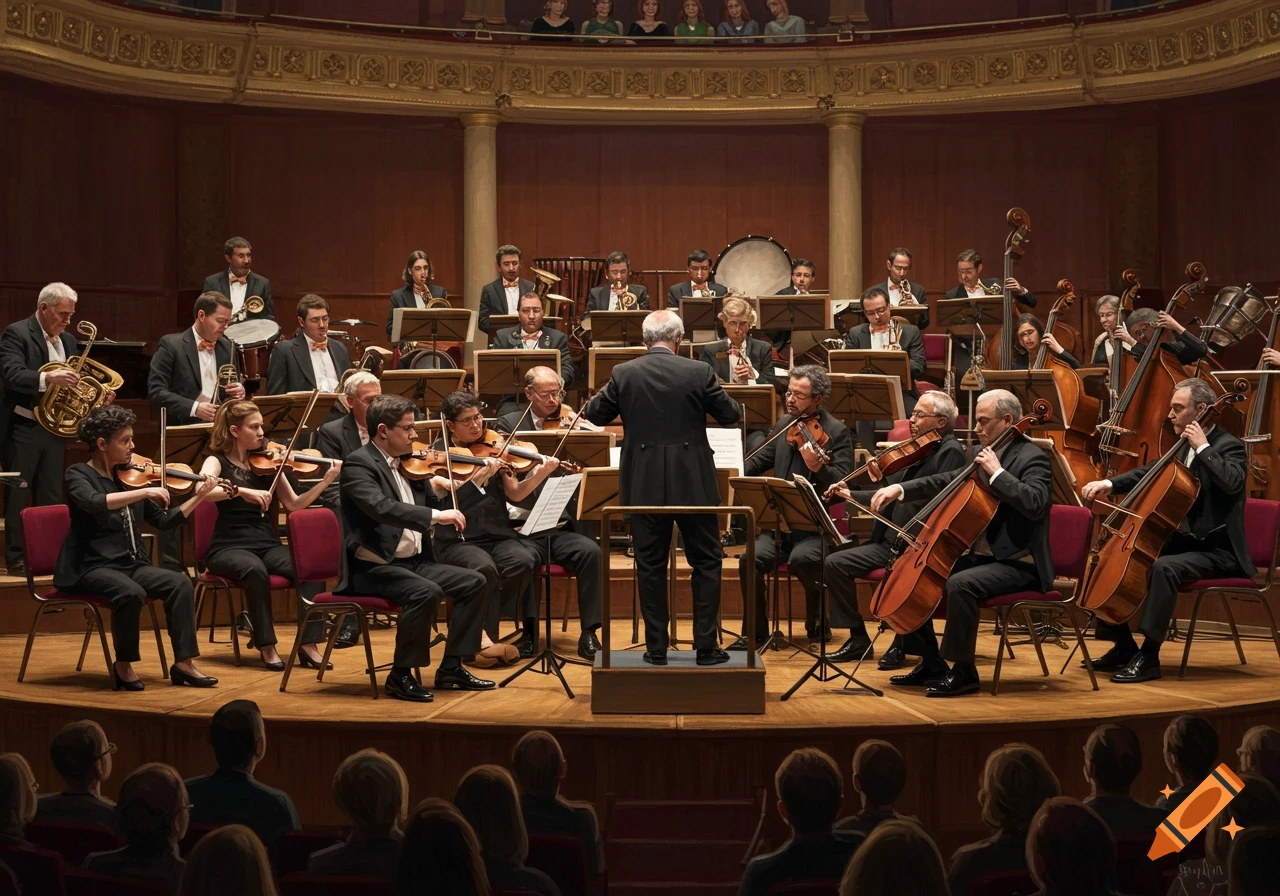An orchestra performs on stage in a concert hall, viewed from the audience.