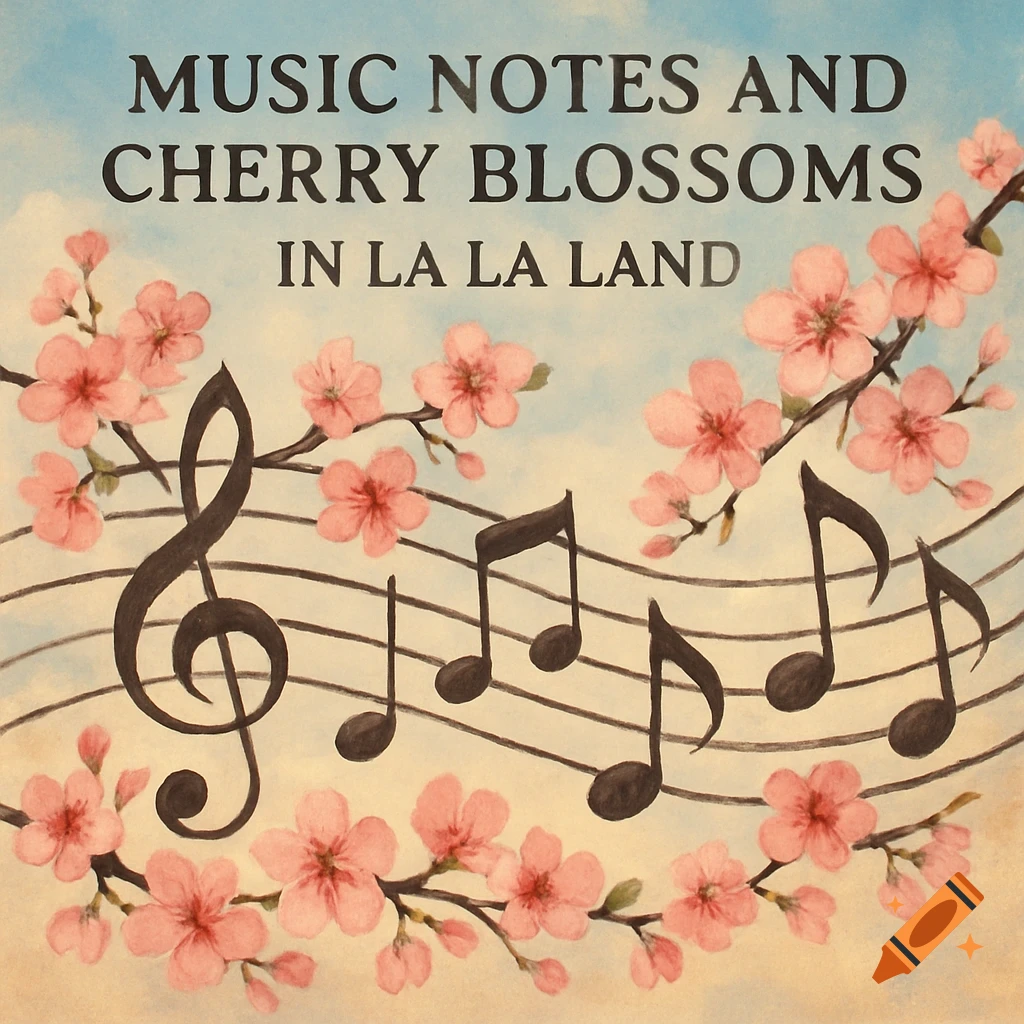 Watercolor illustration of music notes, a staff, and cherry blossoms, with the text "MUSIC NOTES AND CHERRY BLOSSOMS IN LA LA LAND".